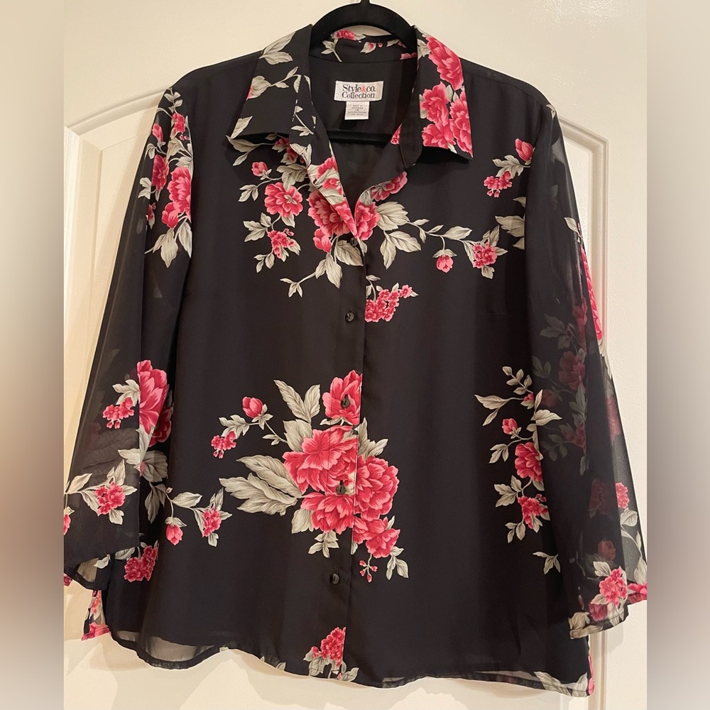 Style & Co. Elegant Black Blouse with Floral Design